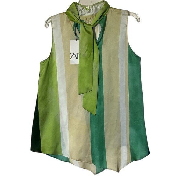 New Zara Satin Striped Back Tie Bow Sleeveless Asymmetric Tunic Blouse Top - Picture 7 of 10